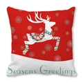 Close-up of linen Christmas pillow cover with reindeer pattern and Seasons Greetings text - Red White Spliced Colorful Reindeer (Style-7)