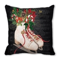 Housse de coussin de Noël avec patins à glace sur fond noir et partition de musique - Modèle de Patins à Glace Blancs avec Partition de Musique Rétro sur Fond Noir (26) / 45x45cm