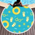 Sky blue round beach towel with yellow summer motifs and white tassel fringe - Blue Vacation Elements (1)