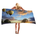 Thick microfiber beach towel with hot air balloon sunset print held by a model - Sunset Silhouette Hot Air Balloons (11)