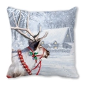 Detail of Christmas reindeer oil painting print on square decorative pillowcase cover - 18x18 Inch / Reindeer with Copper Bell (Style 13)