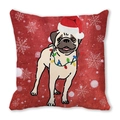 Close-up of peach skin fabric cushion cover with pug cat Christmas print and festive lights - 18x18 Inch / Pug in Christmas Hat (Style 35)
