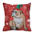 Close-up of festive red pillowcase featuring a cute bulldog in a Christmas elf hat - 18x18 Inch / Bulldog as Christmas Elf (Style 36)