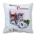 Macro detail of Christmas pillowcase showing vintage cat print and Merry Christmas text - 18x18 Inch / Grey Tabby Cat with Red Bow (Style 39)