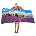 Thick beach towel featuring high-definition lavender field print held by a model - European Cottage Lavender (12)