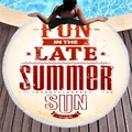 Round beige fringed beach towel with vintage red sun text print on wooden floor - Red Retro Summer Typography Print (6)