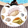 Round fringed beach towel featuring colorful seashell patterns on a white base - Shell Illustration Pattern (4)