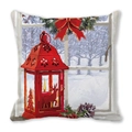 Detail of Christmas cushion cover with lantern, reindeer silhouette, and festive holly - Reindeer Silhouette Red Lantern Style (13)