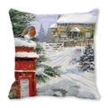 Detailed view of square pillowcase with winter oil painting of red robins and mailbox - Red Postbox and Village Cottage Style (5)