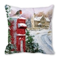 Detail of Christmas pillowcase featuring a snowy village scene with a red postbox and robin - British Postbox ER Logo Style (16)