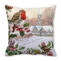 Macro shot of robin bird and red berry print on high-density peach skin pillow cover - Robin with Berries and Pinecones Style (7)