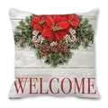 Poinsettia and pine cone cushion cover with red Welcome text on rustic wood background - Wood Grain Poinsettia Welcome