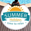 Round summer beach towel with yellow sun print and white tassels on a wooden poolside deck - Relax Time (5) / 150cm