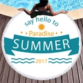 Thick circular Summer fringe beach towel on wood deck by a sparkling swimming pool - Hello Summer (7) / 150cm