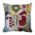 Detail of Christmas pillow cover showing Santa and snowman in a snowy night scene - Santa and Snowman Celebration Style (26)