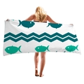 Telo mare spesso a righe bianche e verde acqua con motivo di pesci per vacanze - 150x75cm / Stile Pesce Onde (4)