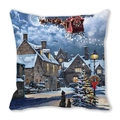 Fodera per cuscino natalizia con slitta e villaggio invernale su pelle di pesca blu - 45*45cm / Stile Panorama di Natale Illustrazione Cane e Gatto (40)