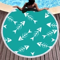 Round teal beach towel with white fishbone pattern and fringe trim on pool deck - Cyan Fishbone (1) / 150cm