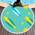 Round summer beach towel featuring surfboards, sun motifs and white decorative tassels - Blue Surfboards (6)