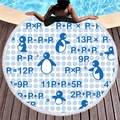 Round penguin beach towel with math formulas, blue dots and white tassel fringe - Penguin Equation (2) / 150cm