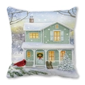 Christmas pillow cover with snowy house and cardinal bird illustration on white background - Green Building with Lights After Snow (15)