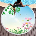 Round thick beach towel with white tassels and floral garden scenery print - Pink Cosmos Pastoral Print (9)