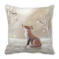 Winter forest fox and birds illustration print on peach skin velvet cushion cover - Gazing Fox Style (11)