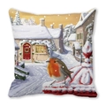 Detailed view of Christmas pillowcase with robin bird and snowy winter cottage scene - Robin Winter Snow Scene Style (39)