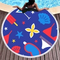 Royal blue round beach towel with summer cartoon patterns and white fringe tassels - Royal Blue Summer Collage (7)