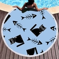Round thick beach towel with blue cartoon cat pattern and white tassel fringe - Cartoon Cat (3) / 150cm