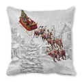Macro view of Christmas pillow cover showing Santa on a reindeer sleigh over a snowy village - Nostalgic Winter Night Flight Style (35)