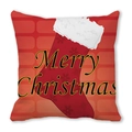 Housse de coussin de Noël avec bas de Noël et texte Merry Christmas sur motif brique - Modèle de Chaussette de Noël Rouge sur Fond de Mur de Briques (38) / 45x45cm