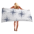 Thick microfiber beach towel with navy blue nautical compass pattern on white - Nautical Compass Pattern / 150x75cm