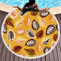 Serviette de plage ronde jaune gingembre avec motifs de feuilles et franges blanches - Motif Feuilles Vintage (8)