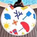 Round beach towel with tassels featuring summer sun, shells and flip-flops prints - White Summer Illustration (8)
