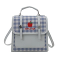 Blue plaid backpack with red apple embroidery and adjustable strap for women - Blue