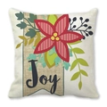 Square peach skin pillowcase with Poinsettia flower and Joy text print - Off-White Joy Lettering with Floral
