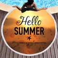 Sunset orange round beach towel with Hello Summer print and white tassels on wood deck - Orange Sunset Hello Summer Print (11)