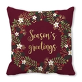 Close-up of Season's Greetings lettering on a festive burgundy Christmas pillowcase - Red Christmas Greetings Wreath (39) / 18x18 Inch
