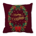 Detail of Merry Christmas pillowcase featuring a festive wreath on wine red peach skin fabric - Wine Red Gold Merry Christmas (36) / 18x18 Inch