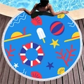 Sky blue round beach towel with summer icons and elegant white tassel fringe edges - Sky Blue Beach Icons (9)