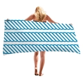 Blue and white nautical rope stripe beach towel held by a model for seaside vacation - Rope Stripe Pattern / 150x75cm