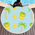 Blue circular beach towel with tropical palm trees and white tassel fringe on wood deck - Light Blue Palm Trees (10)