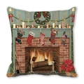 Square pillowcase featuring vintage Christmas fireplace illustration with stockings - Fireplace Scene Retro Hand-Painted (25)