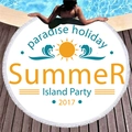 Round beach towel with Summer Island Party print and white tassels on wood background - Island Party (6) / 150cm