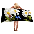 Floral microfiber beach towel with white daisy and ladybug print on black background - Daisy And Ladybug On Black Style (3)