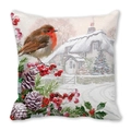 Peach skin pillow cover featuring a robin bird on snowy pine branches with cottage - Snowy Cottage and Robin Style (8)