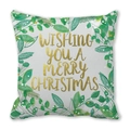 Merry Christmas square pillowcase with gold foil text and green leaf patterns on white peach skin - White Gold Lettering Print (33) / 18x18 Inch