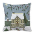Linen Christmas pillow case featuring snowy house and pine tree festive illustration - European Cottage Winter Illustration (27)