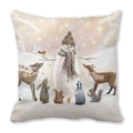 Square peach skin pillowcase with festive winter scene of snowman and forest animals - Snowman and Animals Style (6)